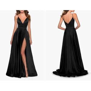 La Femme Plunge Satin Ball Gown in Black Size 4 NWT